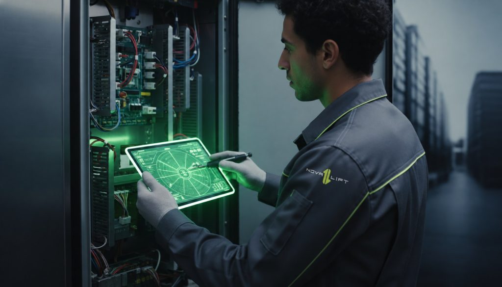 Service maintenance ascenseur : guide complet pour garantir sécurité et performance en 2026 | Novalift Technicien NOVALIFT intervenant sur un ascenseur, logo officiel sur la poitrine