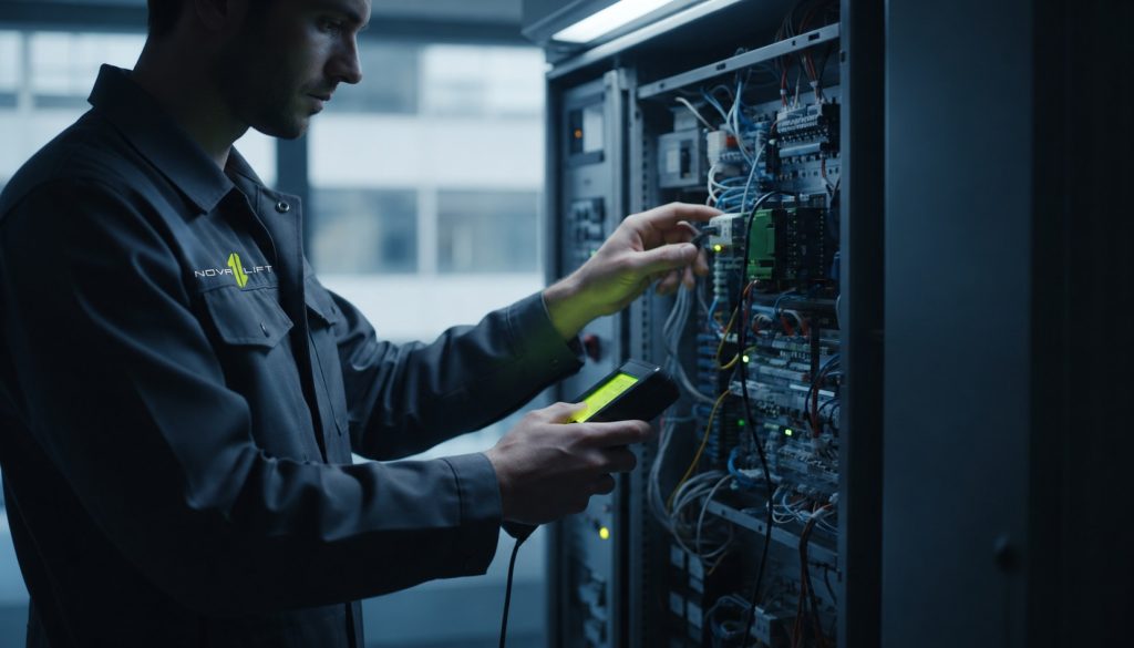 Otis Dépannage Ascenseur : Guide et Comparatif des Solutions en 2026 | Novalift Technicien NOVALIFT intervenant sur un ascenseur, logo officiel sur la poitrine