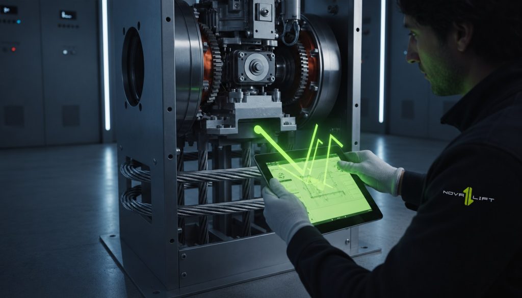 Le contrôle quinquennal d’ascenseur : Guide complet de réglementation et de sécurité | Novalift Technicien NOVALIFT intervenant sur un ascenseur, logo officiel sur la poitrine